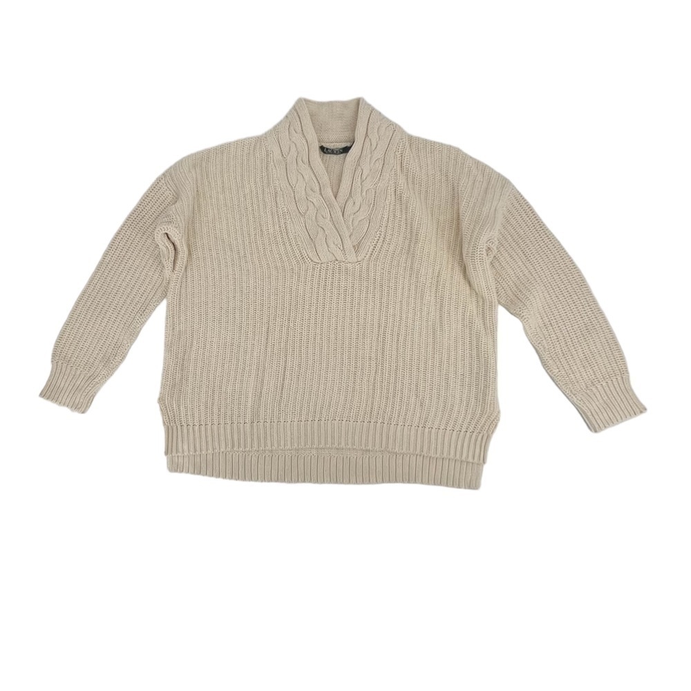 Lauren Ralph Lauren Cream Cable Knit V-Neck Sweater Size Large Women’s